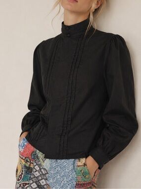Vtg Cindy Collins Black Victorian Secretary Tuxedo Puff Sleeve Button Blouse